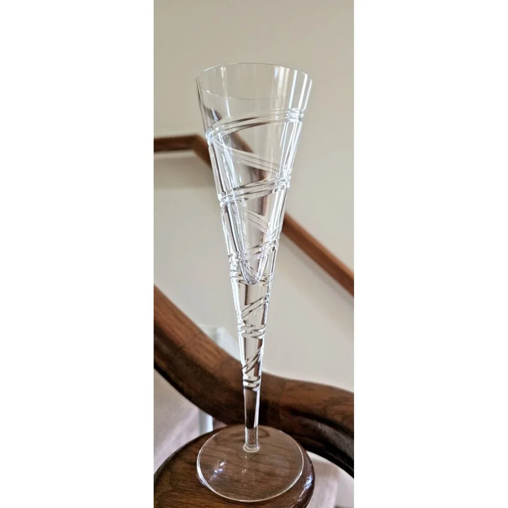 Optic Swirl Hollow Stem Crystal Champagne Flutes Glass 11” Vintage